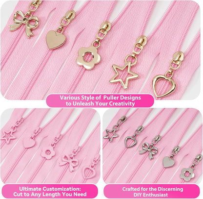 10 Yards Sewing Zipper Tapes with 40 pcs Assorted Charm Pulls Bulk Nylon Coil Zippers for Bags and Purses Tailor DIY Craft Sewing Supplies (#3 Pink)