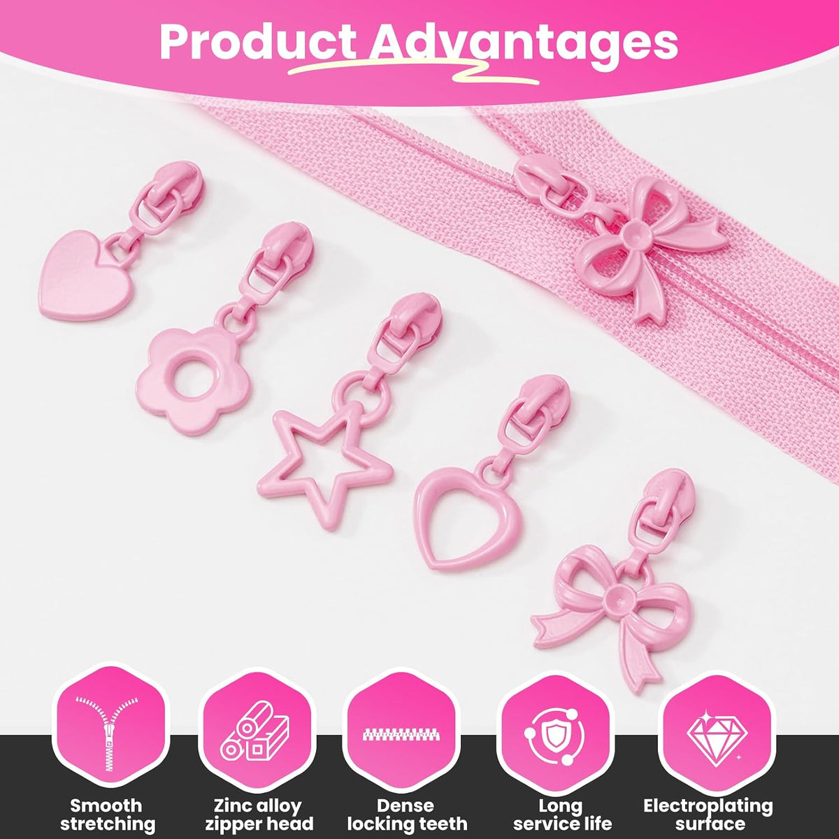 10 Yards Sewing Zipper Tapes with 40 pcs Assorted Charm Pulls Bulk Nylon Coil Zippers for Bags and Purses Tailor DIY Craft Sewing Supplies (#3 Pink)