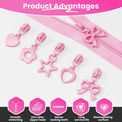10 Yards Sewing Zipper Tapes with 40 pcs Assorted Charm Pulls Bulk Nylon Coil Zippers for Bags and Purses Tailor DIY Craft Sewing Supplies (#3 Pink)