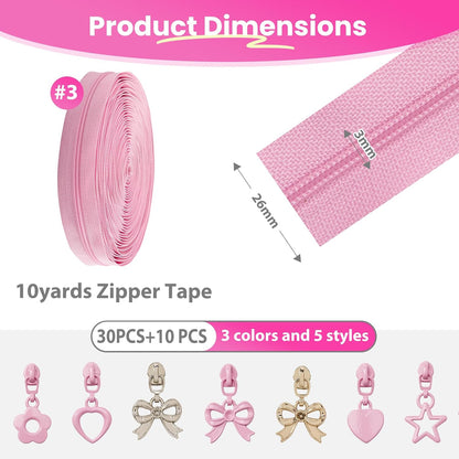 10 Yards Sewing Zipper Tapes with 40 pcs Assorted Charm Pulls Bulk Nylon Coil Zippers for Bags and Purses Tailor DIY Craft Sewing Supplies (#3 Pink)