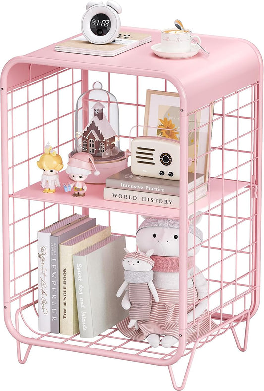 Cute Kids Pink Nightstand,Metal Side Table,3 Tier End Table with Storage,Vintage Bedside Table,Girls Bedroom Furniture for Living Room,Bedroom,Dorm