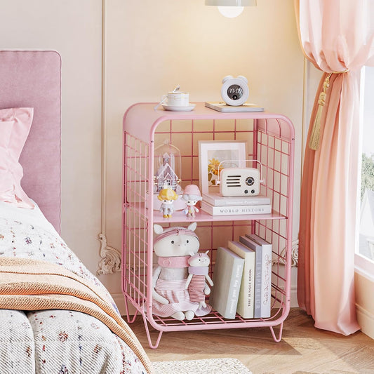 Cute Kids Pink Nightstand,Metal Side Table,3 Tier End Table with Storage,Vintage Bedside Table,Girls Bedroom Furniture for Living Room,Bedroom,Dorm