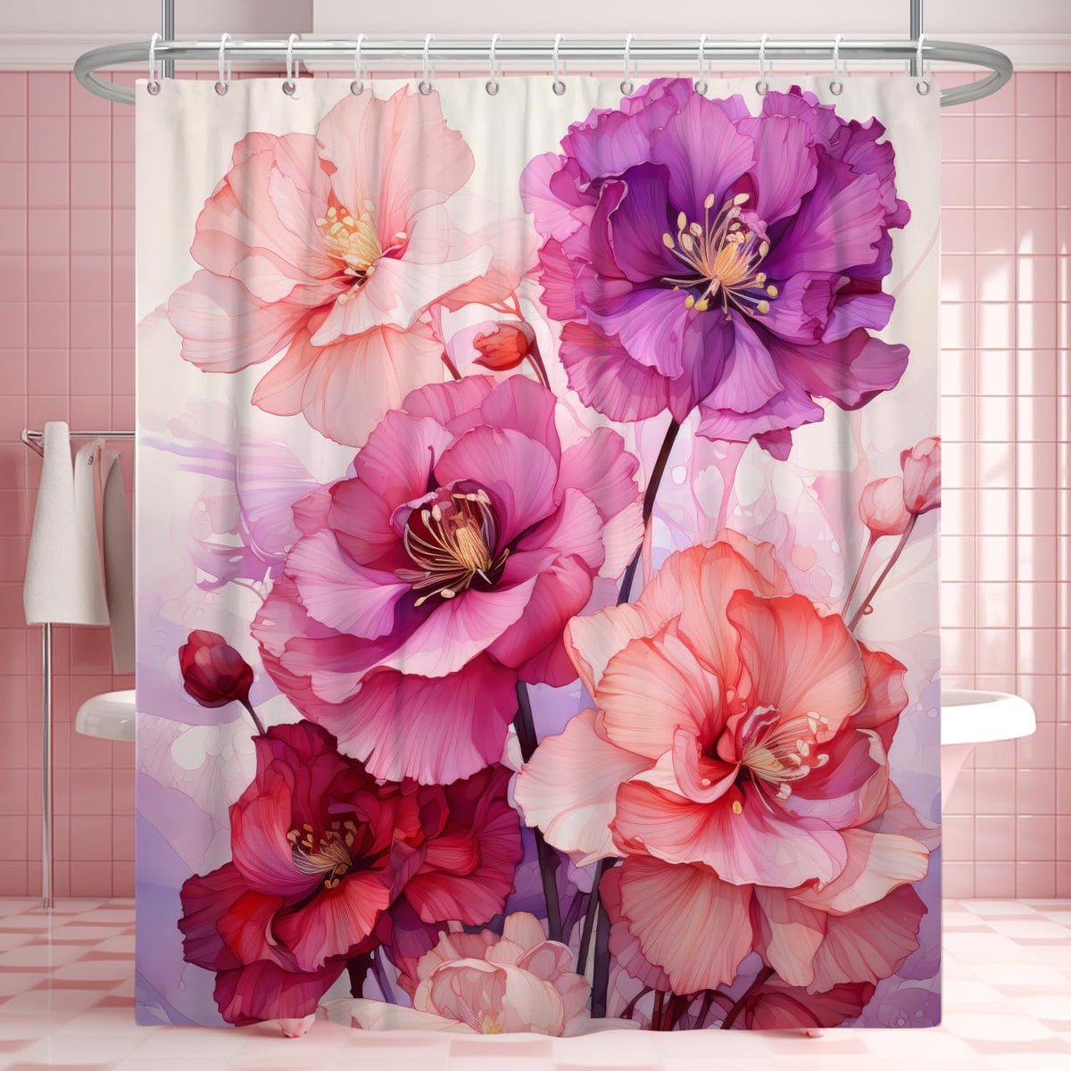 Pink Floral Waterproof Shower Curtain for Bathroom 72" Wx72 L
