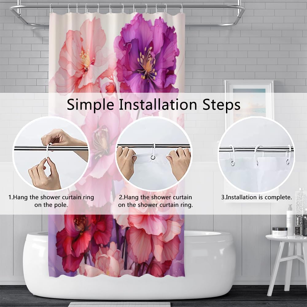 Pink Floral Waterproof Shower Curtain for Bathroom 72" Wx72 L