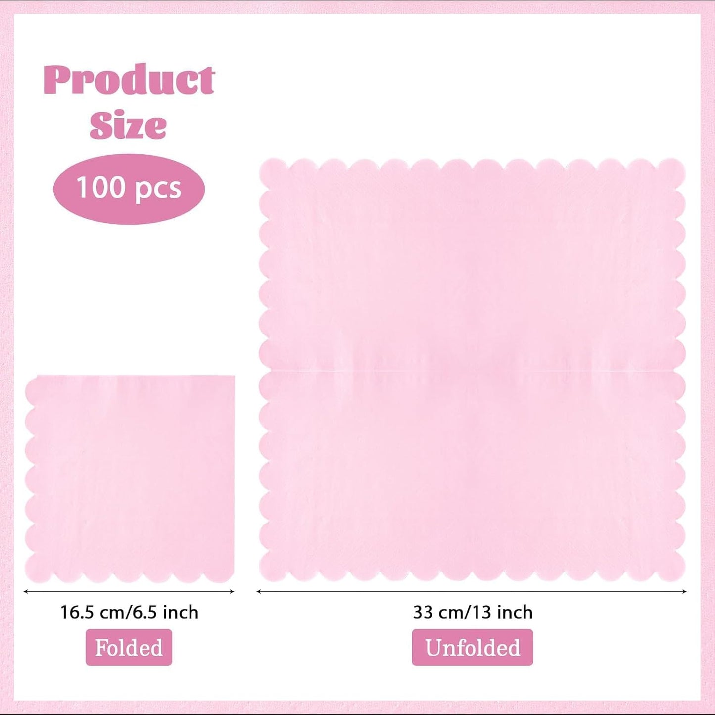 100 Pack Light Pink Napkins 2-Ply Scalloped Edged Dessert Napkins Folded 6.5" x 6.5" Disposable Napkins for Dinner Wedding Birthday Party Bridal Anniversary Reception Event