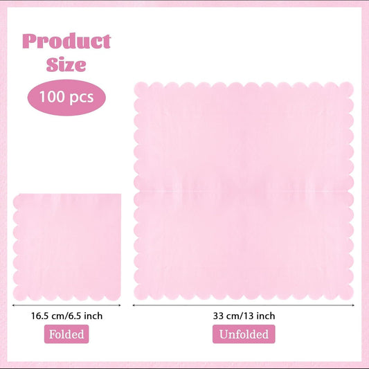 100 Pack Light Pink Napkins 2-Ply Scalloped Edged Dessert Napkins Folded 6.5" x 6.5" Disposable Napkins for Dinner Wedding Birthday Party Bridal Anniversary Reception Event