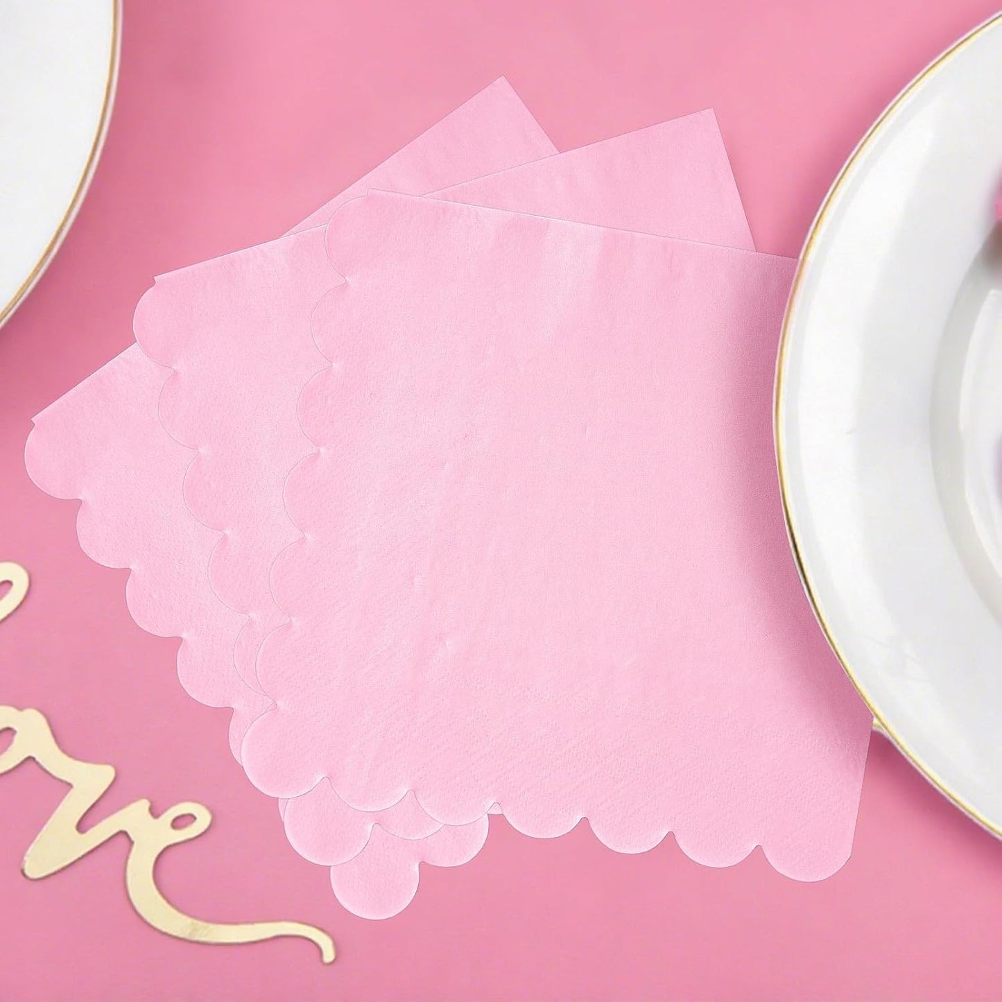 100 Pack Light Pink Napkins 2-Ply Scalloped Edged Dessert Napkins Folded 6.5" x 6.5" Disposable Napkins for Dinner Wedding Birthday Party Bridal Anniversary Reception Event