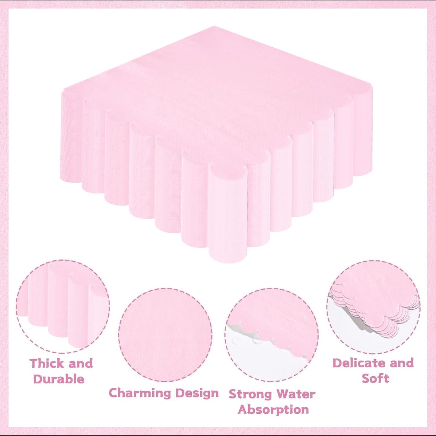 100 Pack Light Pink Napkins 2-Ply Scalloped Edged Dessert Napkins Folded 6.5" x 6.5" Disposable Napkins for Dinner Wedding Birthday Party Bridal Anniversary Reception Event