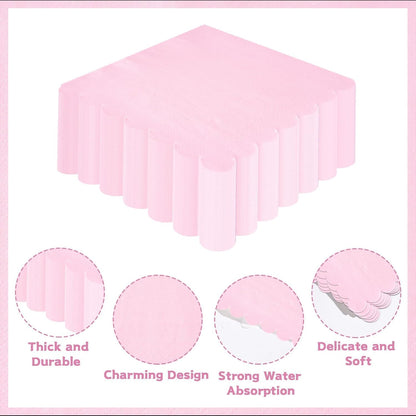 100 Pack Light Pink Napkins 2-Ply Scalloped Edged Dessert Napkins Folded 6.5" x 6.5" Disposable Napkins for Dinner Wedding Birthday Party Bridal Anniversary Reception Event