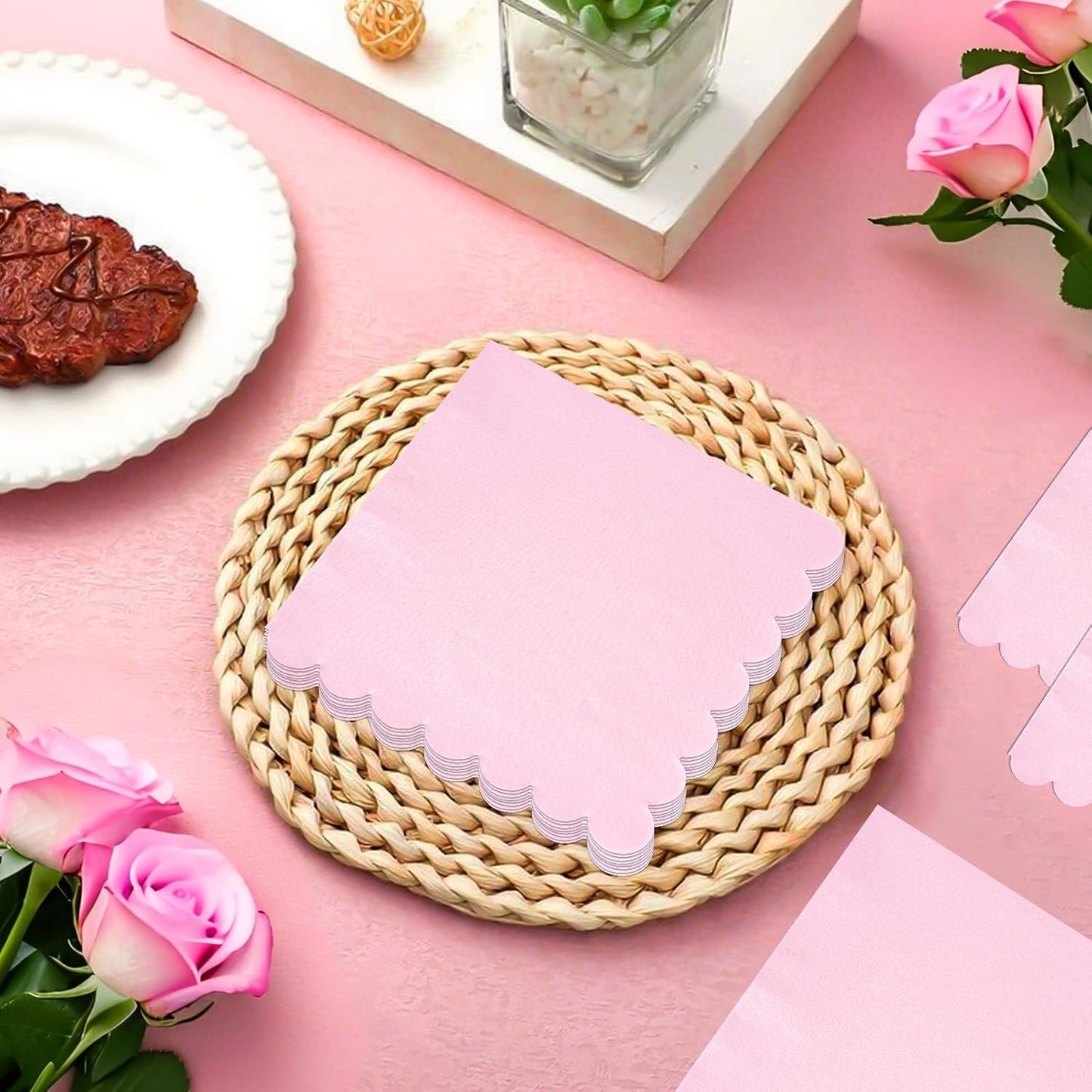100 Pack Light Pink Napkins 2-Ply Scalloped Edged Dessert Napkins Folded 6.5" x 6.5" Disposable Napkins for Dinner Wedding Birthday Party Bridal Anniversary Reception Event