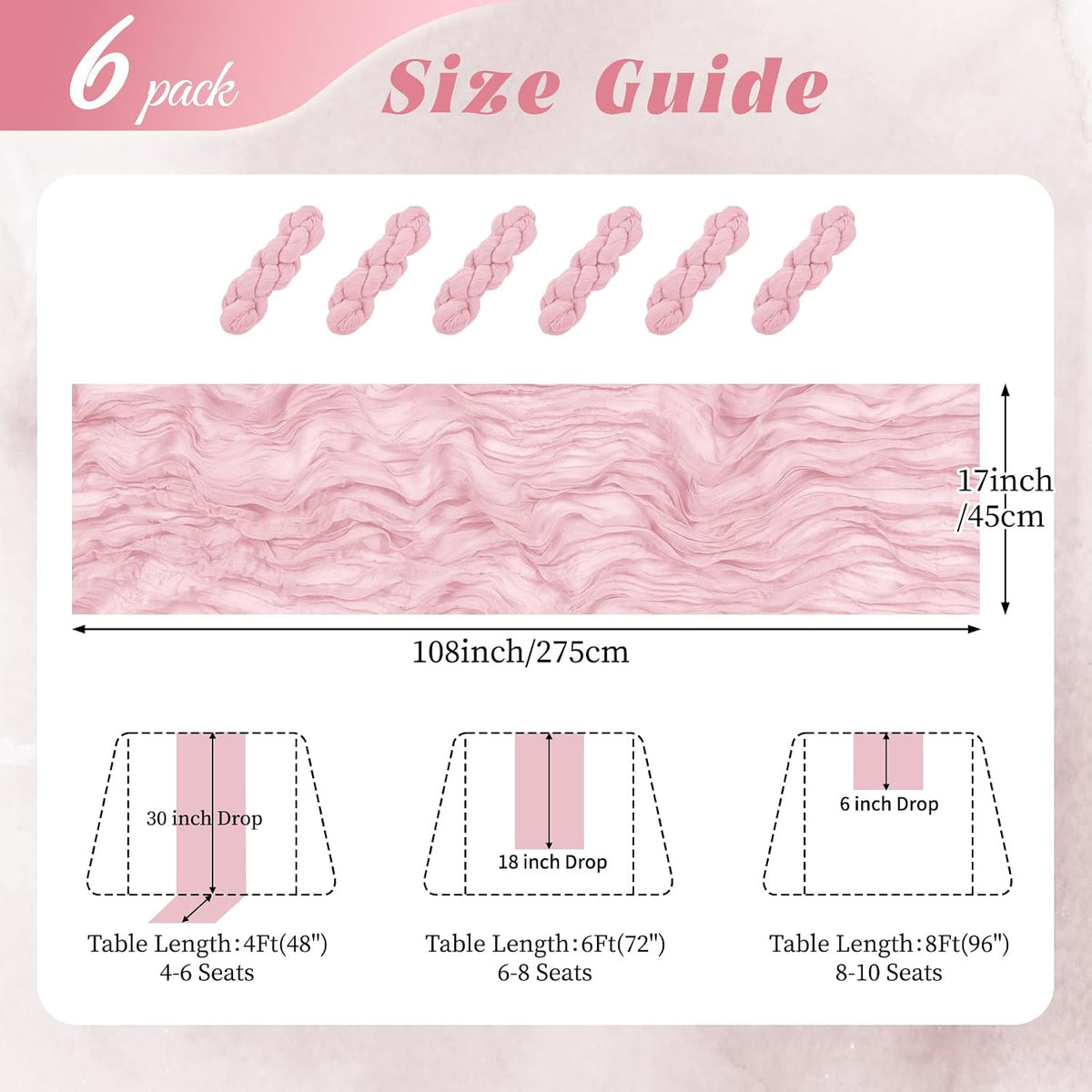 6 Pack Light Pink Cheesecloth Table Runner 17x108 Inch Semi Sheer Boho Gauze Cheese Cloth Fabric Table Runners, for Wedding Party Baby Shower Birthday Home Decor Garden Farmhouse