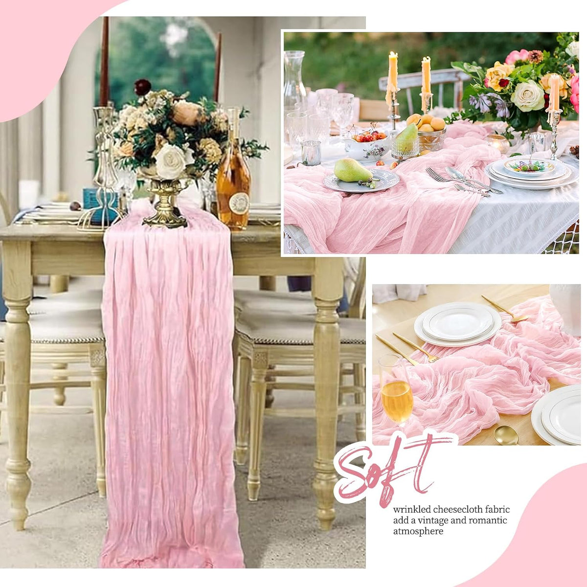 6 Pack Light Pink Cheesecloth Table Runner 17x108 Inch Semi Sheer Boho Gauze Cheese Cloth Fabric Table Runners, for Wedding Party Baby Shower Birthday Home Decor Garden Farmhouse
