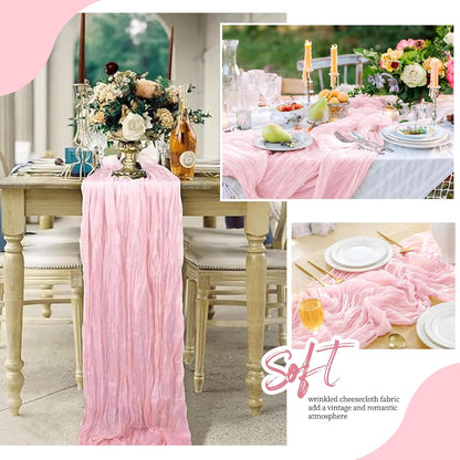 6 Pack Light Pink Cheesecloth Table Runner 17x108 Inch Semi Sheer Boho Gauze Cheese Cloth Fabric Table Runners, for Wedding Party Baby Shower Birthday Home Decor Garden Farmhouse