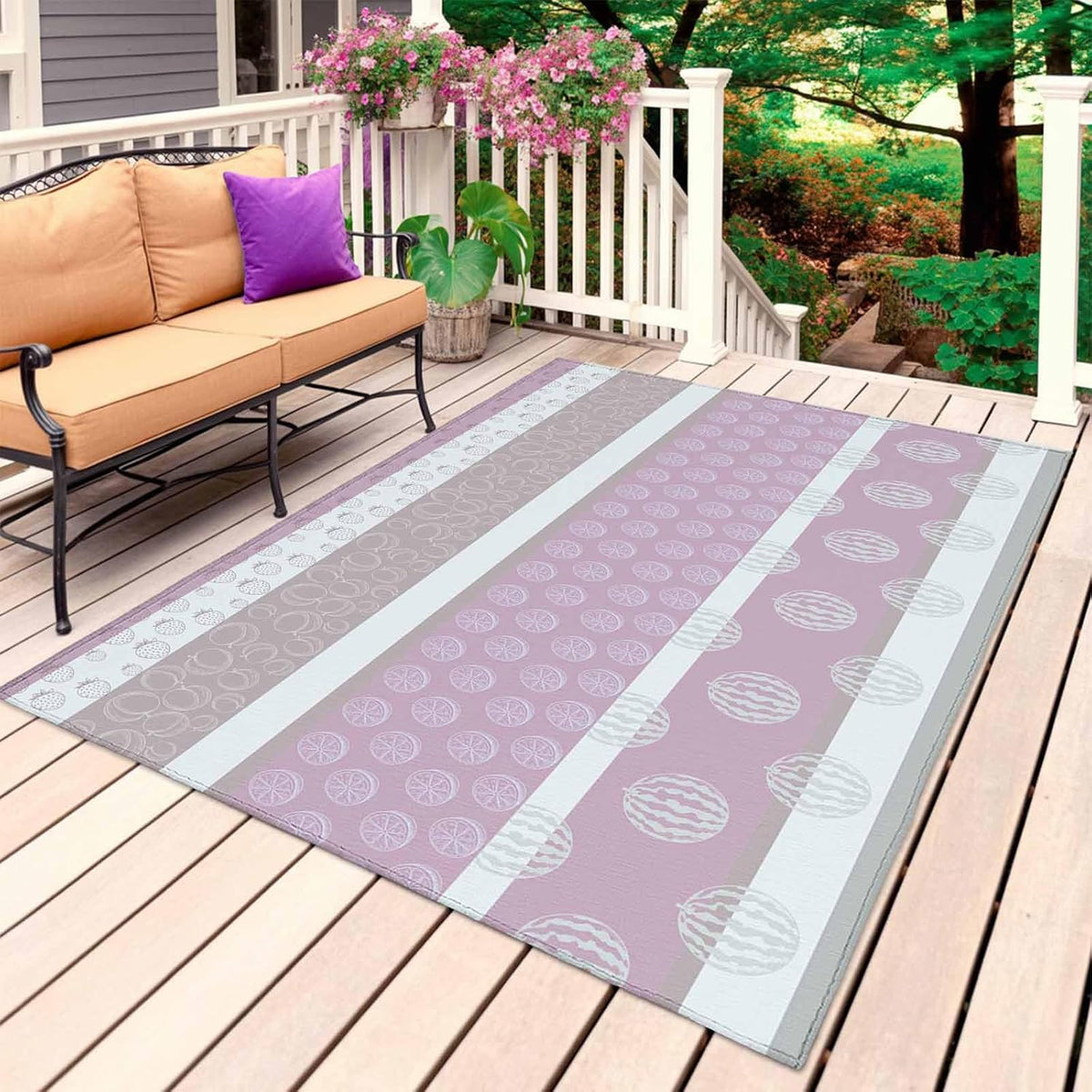 Farm Fruits Outdoor Rug 5' x 8', Watermelon Lemons Peach Pink Grey Striped Washable Area Rug for Outdoor Indoor, Non Slip Outside Large Rugs Carpet for RV Patio Backyard Picnic Camping Porch Deck
