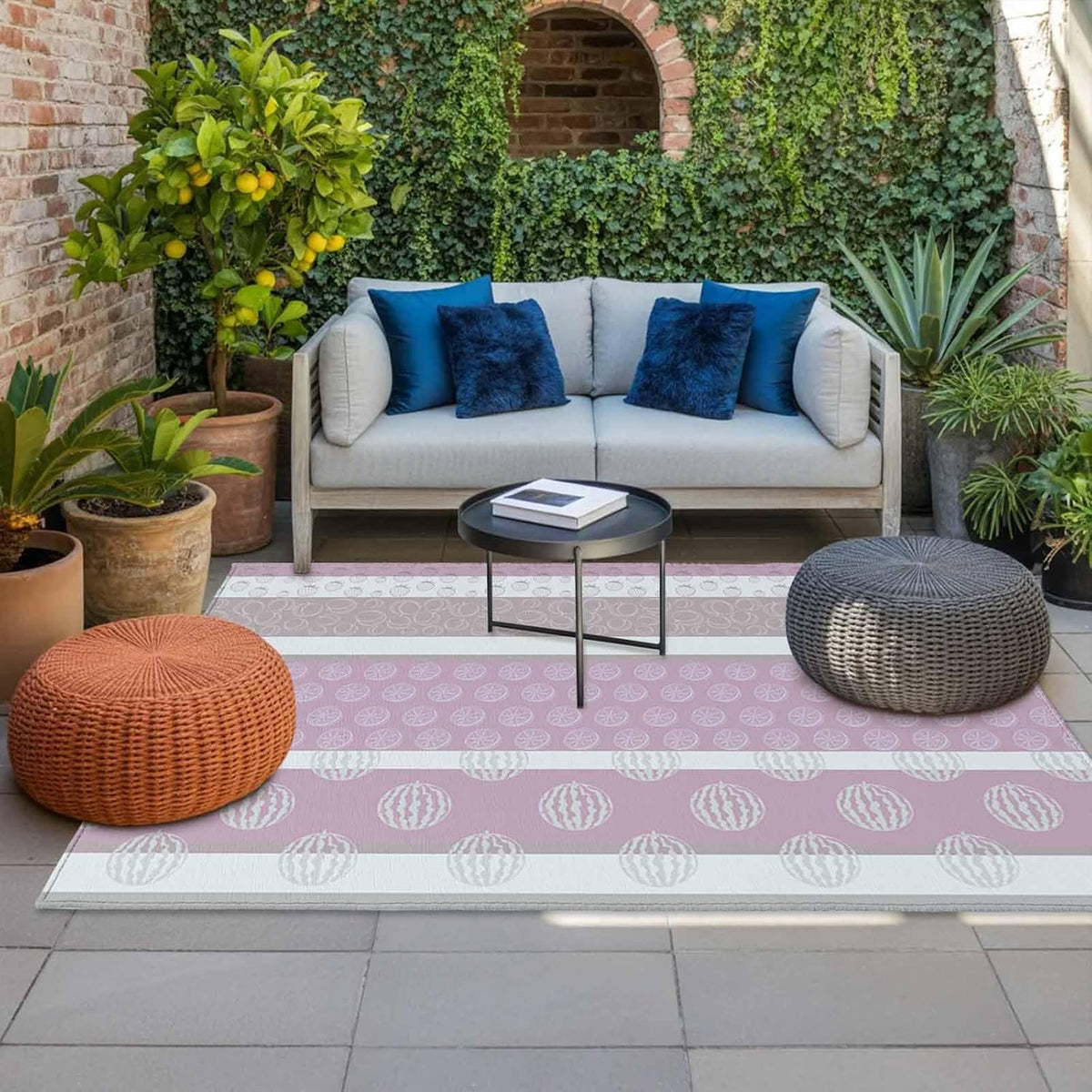 Farm Fruits Outdoor Rug 5' x 8', Watermelon Lemons Peach Pink Grey Striped Washable Area Rug for Outdoor Indoor, Non Slip Outside Large Rugs Carpet for RV Patio Backyard Picnic Camping Porch Deck