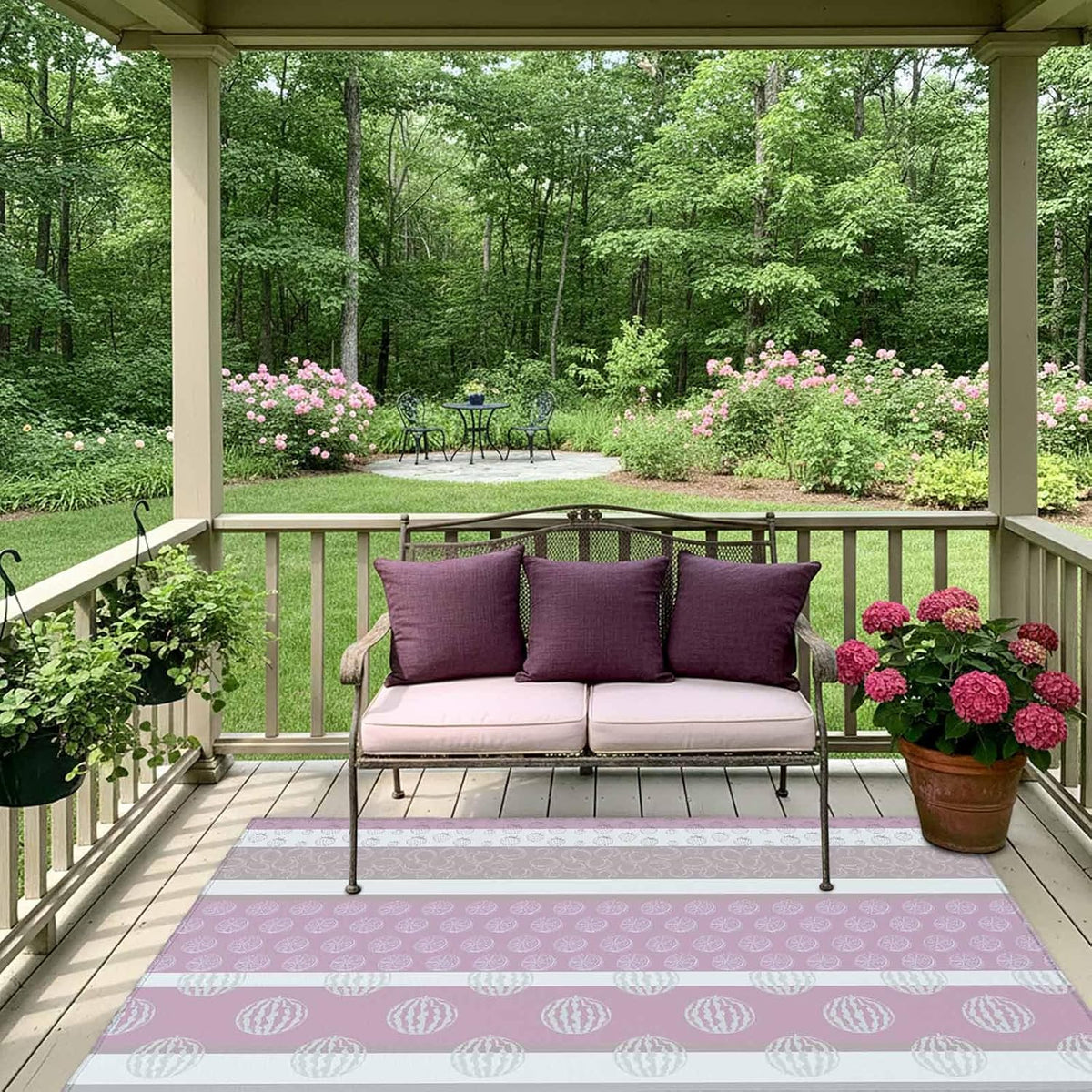 Farm Fruits Outdoor Rug 5' x 8', Watermelon Lemons Peach Pink Grey Striped Washable Area Rug for Outdoor Indoor, Non Slip Outside Large Rugs Carpet for RV Patio Backyard Picnic Camping Porch Deck