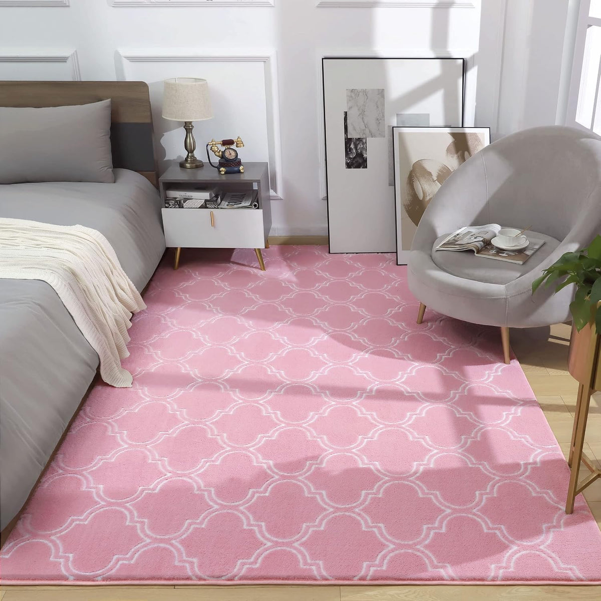 Amearea Fluffy Geometric 4x6 Area Rug for Bedroom Living Room, Pink