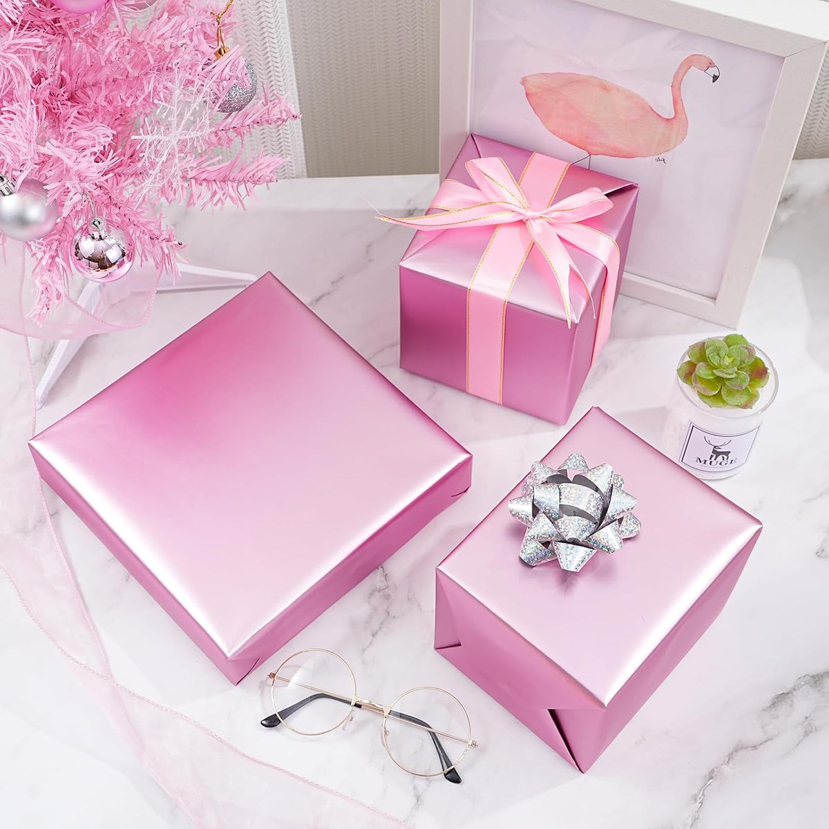 Metallic Pink Wrapping Paper Roll with Cut Lines - Solid Pink Holiday Gift Wrap for Valentine’s Day, Birthdays, Baby Shower, Wedding, Christmas- 17.5 in x 33 ft (48 sq. ft), Easy to Cut