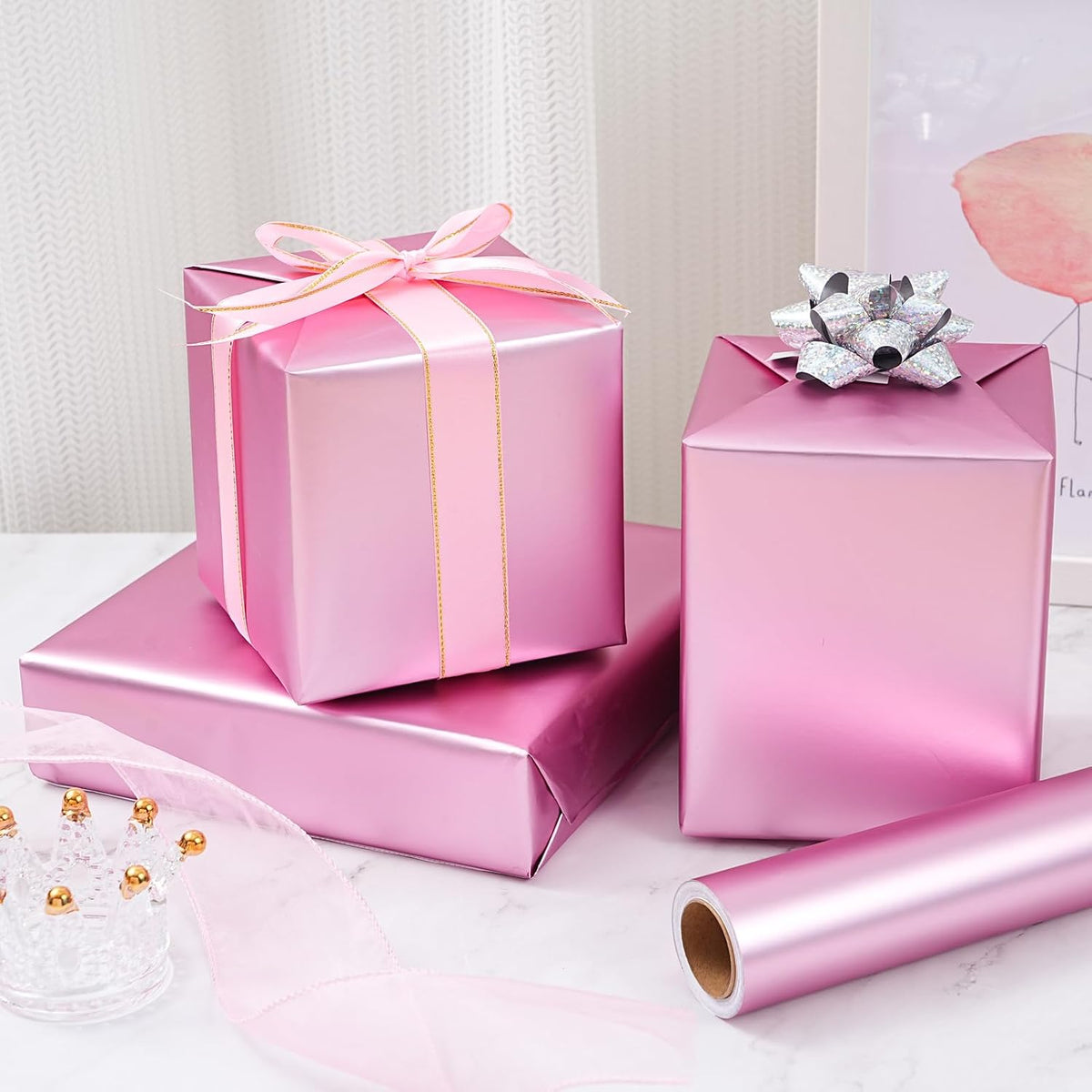 Metallic Pink Wrapping Paper Roll with Cut Lines - Solid Pink Holiday Gift Wrap for Valentine’s Day, Birthdays, Baby Shower, Wedding, Christmas- 17.5 in x 33 ft (48 sq. ft), Easy to Cut