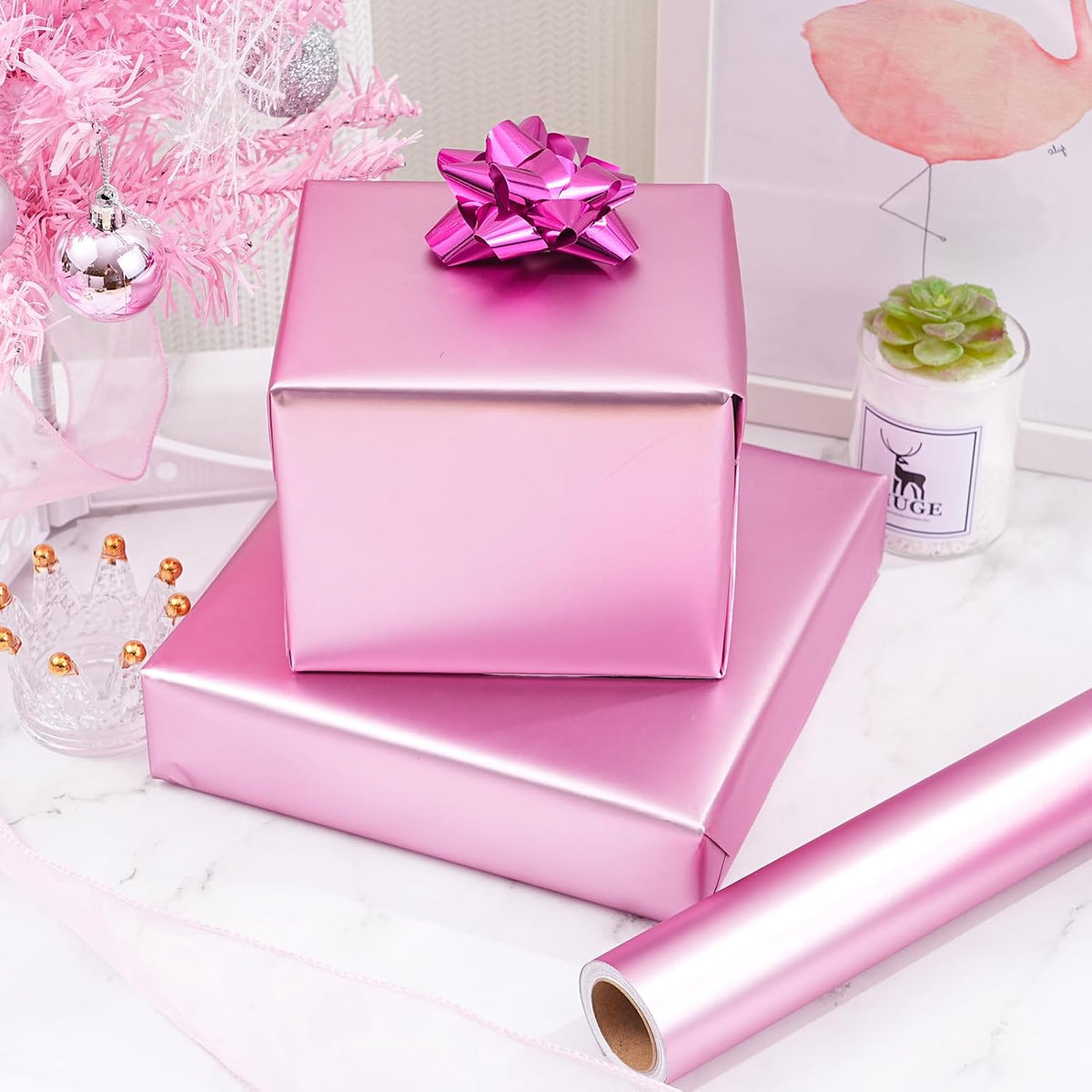Metallic Pink Wrapping Paper Roll with Cut Lines - Solid Pink Holiday Gift Wrap for Valentine’s Day, Birthdays, Baby Shower, Wedding, Christmas- 17.5 in x 33 ft (48 sq. ft), Easy to Cut