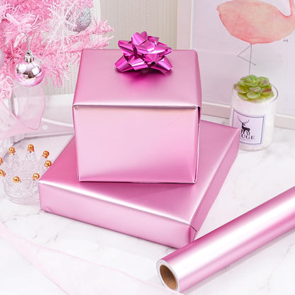 Metallic Pink Wrapping Paper Roll with Cut Lines - Solid Pink Holiday Gift Wrap for Valentine’s Day, Birthdays, Baby Shower, Wedding, Christmas- 17.5 in x 33 ft (48 sq. ft), Easy to Cut