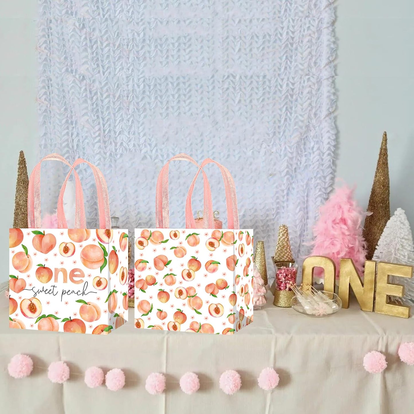 umoni 12 Pack One Sweet Peach Gift Bags Non-woven Fruit Goodie Treat Bags Sweet as a Peach Birthday Party Supplies for Fruit Theme Baby Shower Birthday Wedding Decor