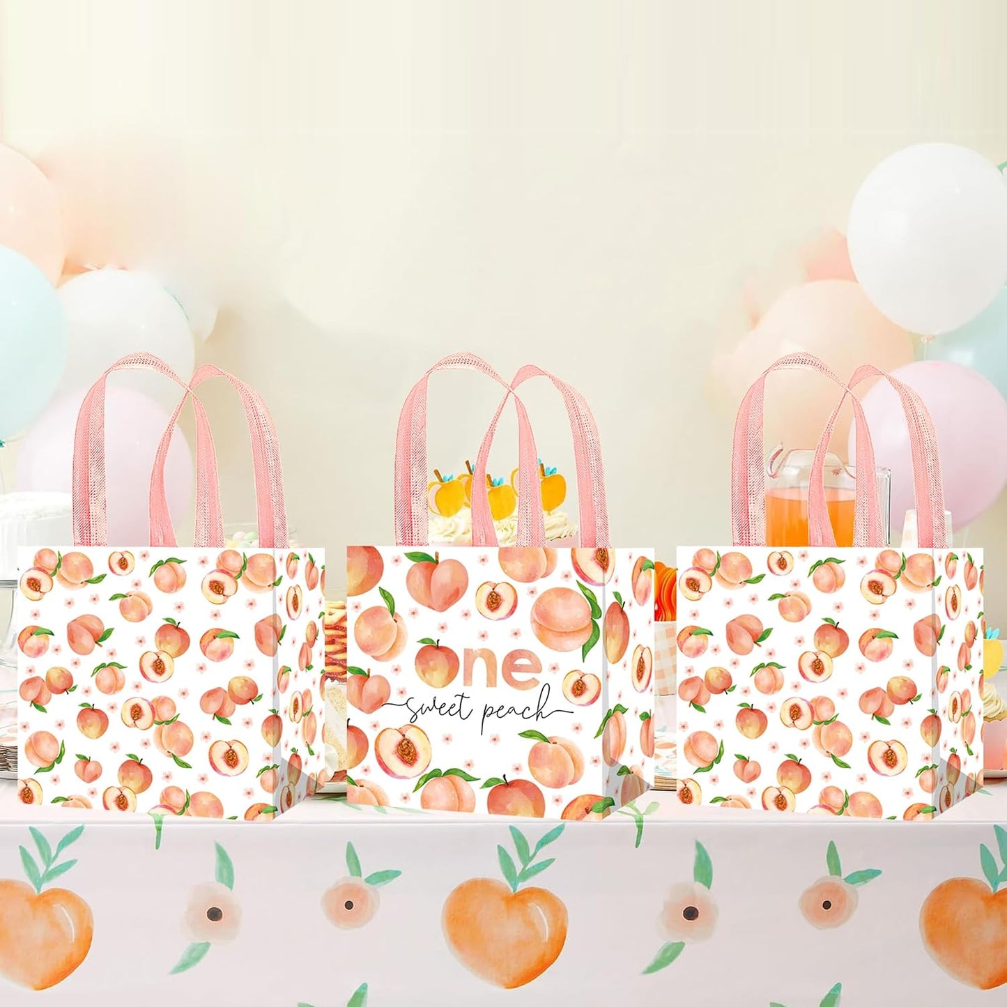 umoni 12 Pack One Sweet Peach Gift Bags Non-woven Fruit Goodie Treat Bags Sweet as a Peach Birthday Party Supplies for Fruit Theme Baby Shower Birthday Wedding Decor