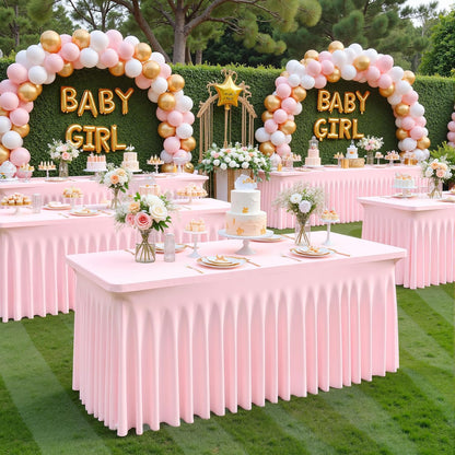 Pink Spandex Tablecloths for Rectangle Tables 6 Foot Pink Stretch Table Cloth Rectangle 6ft Elastic Fitted Table Cover with Skirt for Wedding Baby Shower Girl Birthday Party Banquet Buffet Event