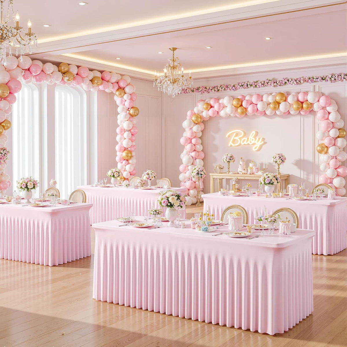 Pink Spandex Tablecloths for Rectangle Tables 6 Foot Pink Stretch Table Cloth Rectangle 6ft Elastic Fitted Table Cover with Skirt for Wedding Baby Shower Girl Birthday Party Banquet Buffet Event