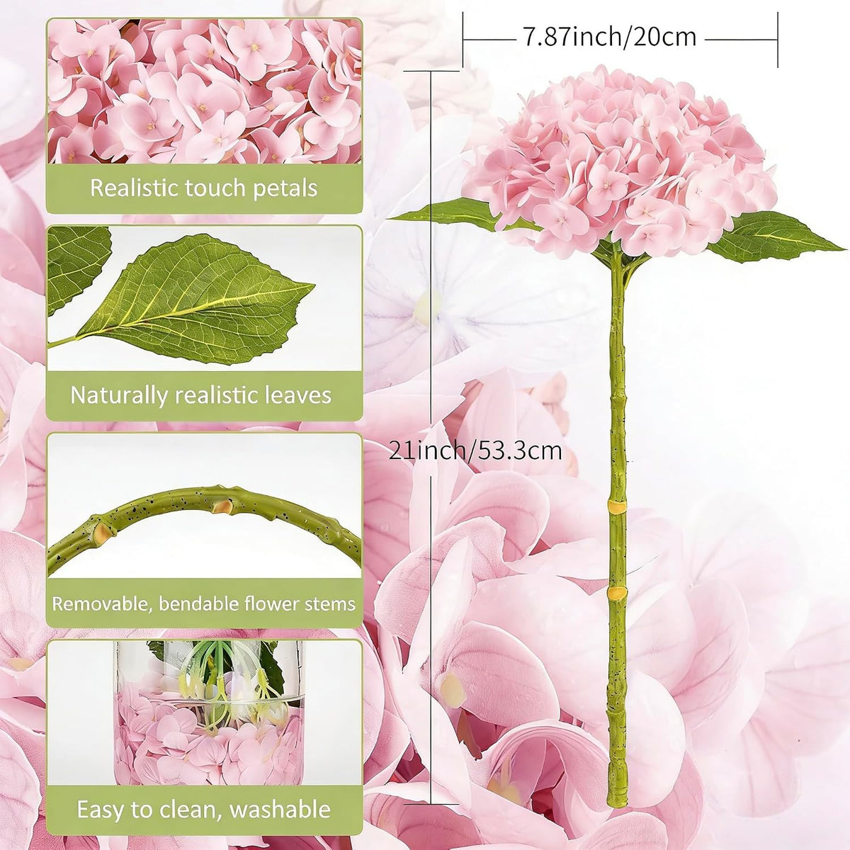 5Pcs Real Touch Artificial Hydrangeas 21" Latex Faux Hydrangea Flowers Stems for Vases, Wedding Centerpieces, Home Decor — Removable Heads,Pink