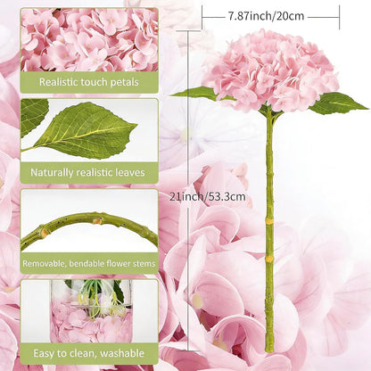 5Pcs Real Touch Artificial Hydrangeas 21" Latex Faux Hydrangea Flowers Stems for Vases, Wedding Centerpieces, Home Decor — Removable Heads,Pink