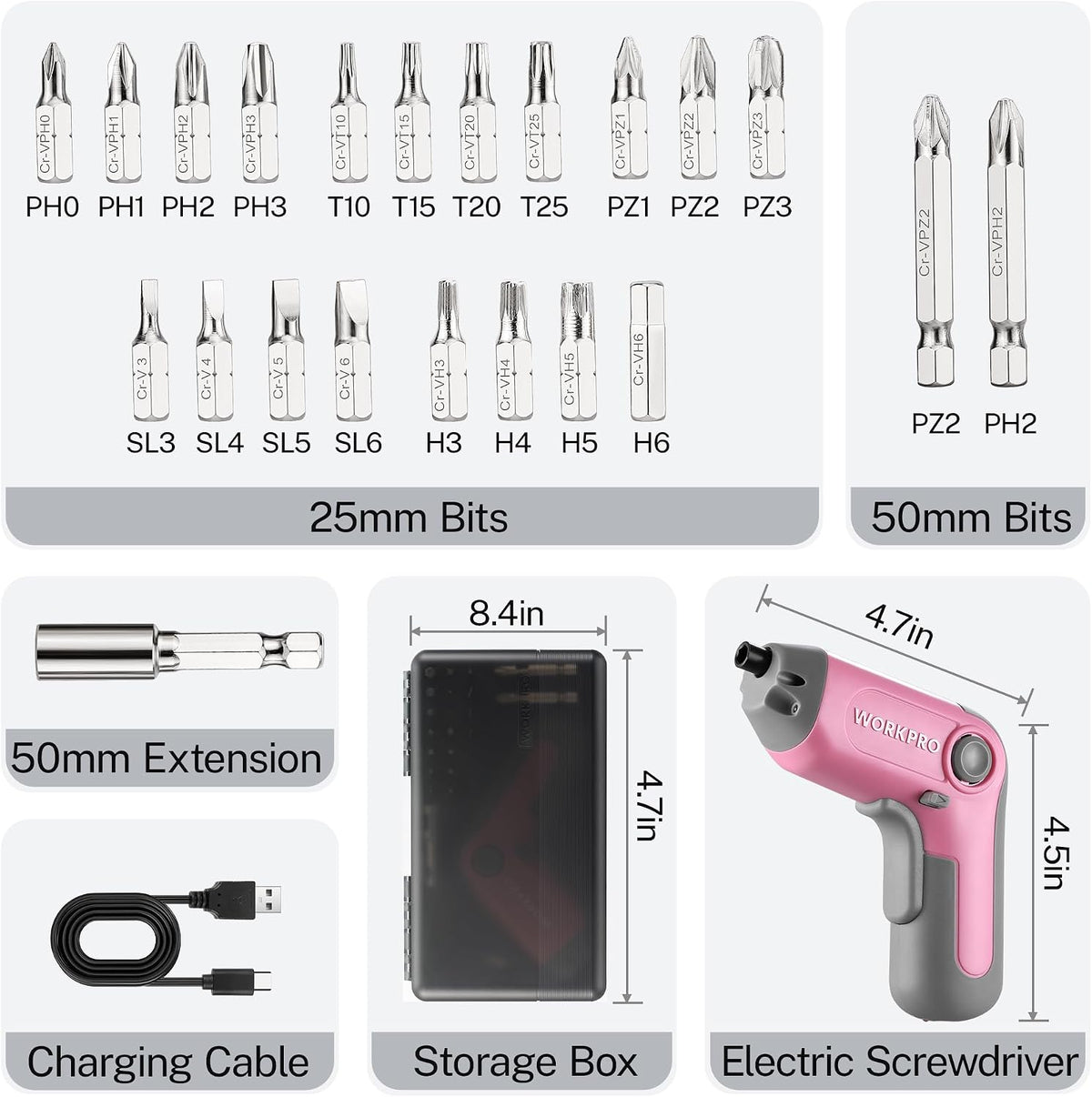 3.6V Cordless Screwdriver with 22PCS Bits, Pink