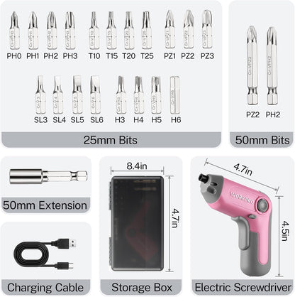 3.6V Cordless Screwdriver with 22PCS Bits, Pink