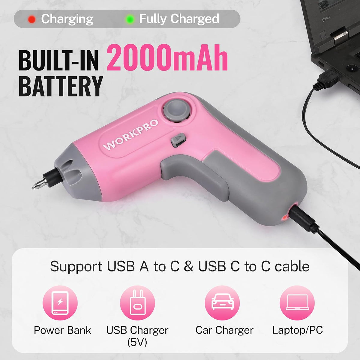 3.6V Cordless Screwdriver with 22PCS Bits, Pink