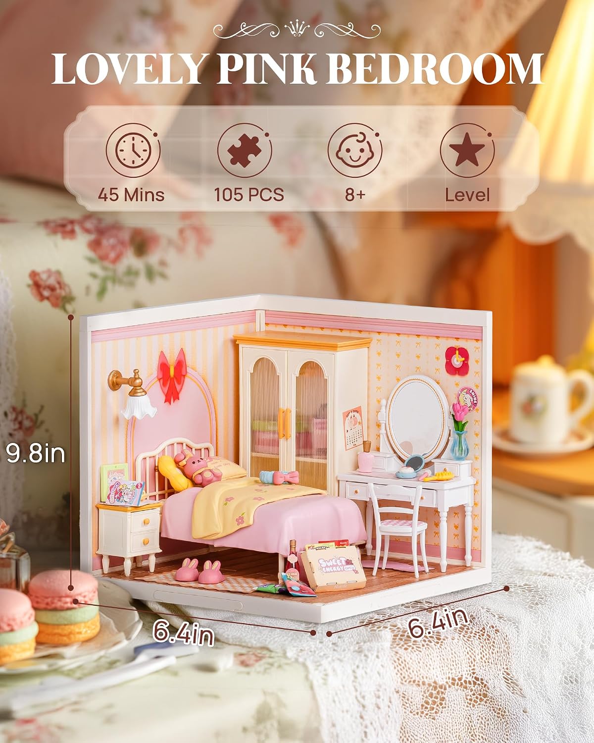 Super Creator Series, DIY Mini Lovely Pink Bedroom Dollhouse House Kit, Bulid Scenary for Action Collectible Figures, Creative Gifts for Women Kids Adults