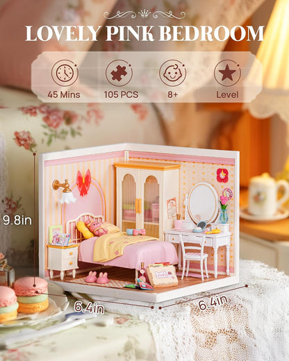 Super Creator Series, DIY Mini Lovely Pink Bedroom Dollhouse House Kit, Bulid Scenary for Action Collectible Figures, Creative Gifts for Women Kids Adults