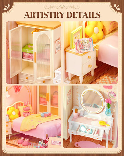 Super Creator Series, DIY Mini Lovely Pink Bedroom Dollhouse House Kit, Bulid Scenary for Action Collectible Figures, Creative Gifts for Women Kids Adults