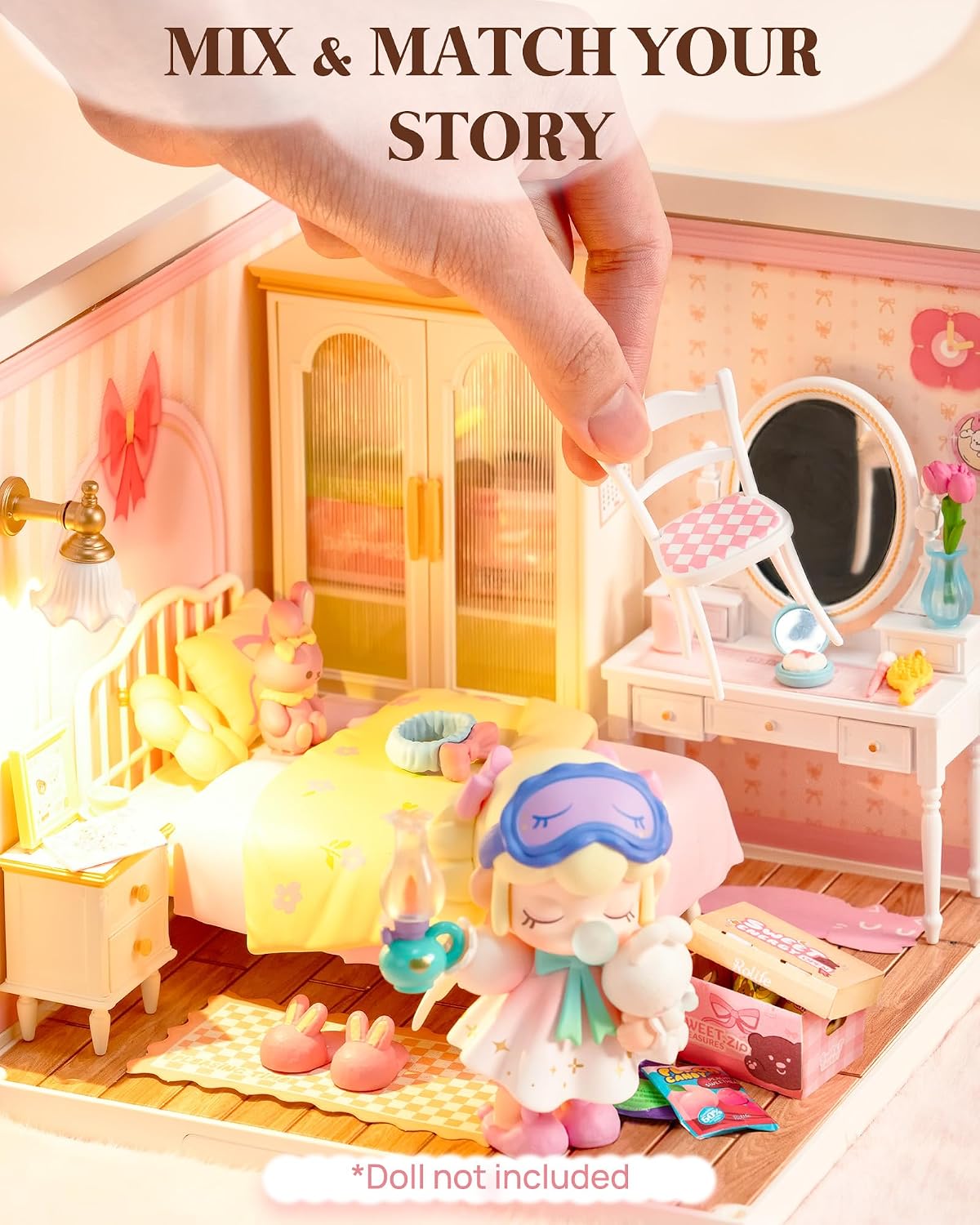 Super Creator Series, DIY Mini Lovely Pink Bedroom Dollhouse House Kit, Bulid Scenary for Action Collectible Figures, Creative Gifts for Women Kids Adults