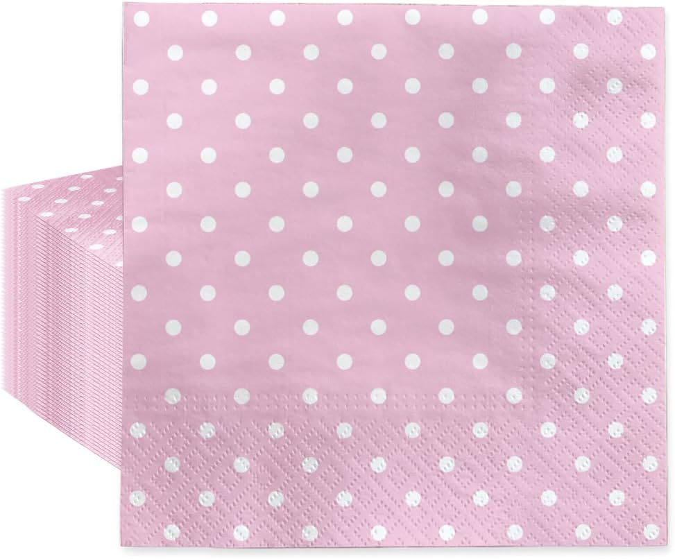 PAW - Luncheon Baby Pink Napkins 6,5'' x 6,5'', Disposable Paper Napkins with White Dots, Lunch Napkins for Baby Shower, Gender Reveal, Bridal Party, Decoupage, Tableware Party Supplies, 50 Count