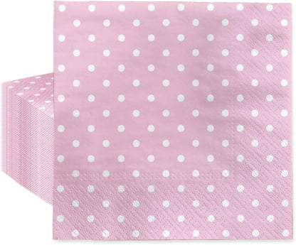 PAW - Luncheon Baby Pink Napkins 6,5'' x 6,5'', Disposable Paper Napkins with White Dots, Lunch Napkins for Baby Shower, Gender Reveal, Bridal Party, Decoupage, Tableware Party Supplies, 50 Count