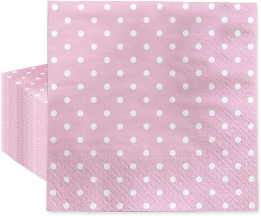 PAW - Luncheon Baby Pink Napkins 6,5'' x 6,5'', Disposable Paper Napkins with White Dots, Lunch Napkins for Baby Shower, Gender Reveal, Bridal Party, Decoupage, Tableware Party Supplies, 50 Count