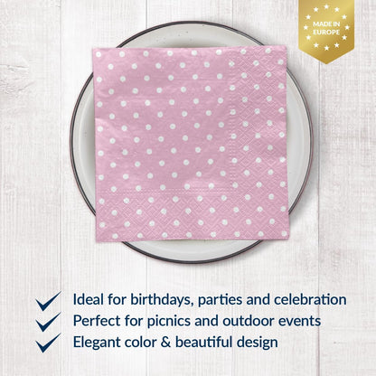 PAW - Luncheon Baby Pink Napkins 6,5'' x 6,5'', Disposable Paper Napkins with White Dots, Lunch Napkins for Baby Shower, Gender Reveal, Bridal Party, Decoupage, Tableware Party Supplies, 50 Count