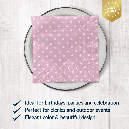PAW - Luncheon Baby Pink Napkins 6,5'' x 6,5'', Disposable Paper Napkins with White Dots, Lunch Napkins for Baby Shower, Gender Reveal, Bridal Party, Decoupage, Tableware Party Supplies, 50 Count