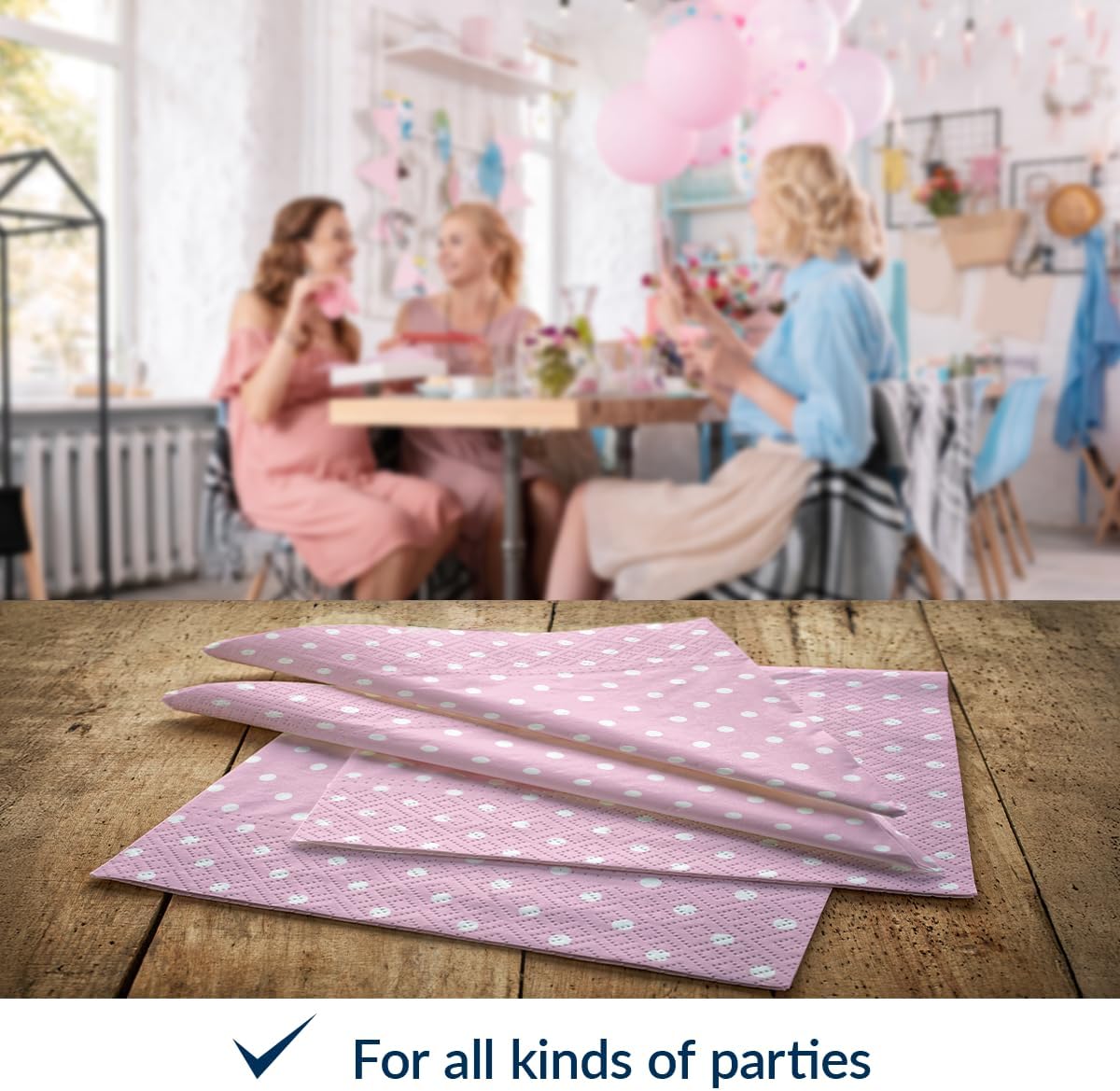 PAW - Luncheon Baby Pink Napkins 6,5'' x 6,5'', Disposable Paper Napkins with White Dots, Lunch Napkins for Baby Shower, Gender Reveal, Bridal Party, Decoupage, Tableware Party Supplies, 50 Count