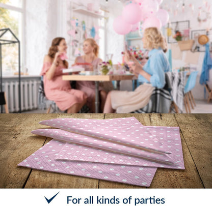 PAW - Luncheon Baby Pink Napkins 6,5'' x 6,5'', Disposable Paper Napkins with White Dots, Lunch Napkins for Baby Shower, Gender Reveal, Bridal Party, Decoupage, Tableware Party Supplies, 50 Count
