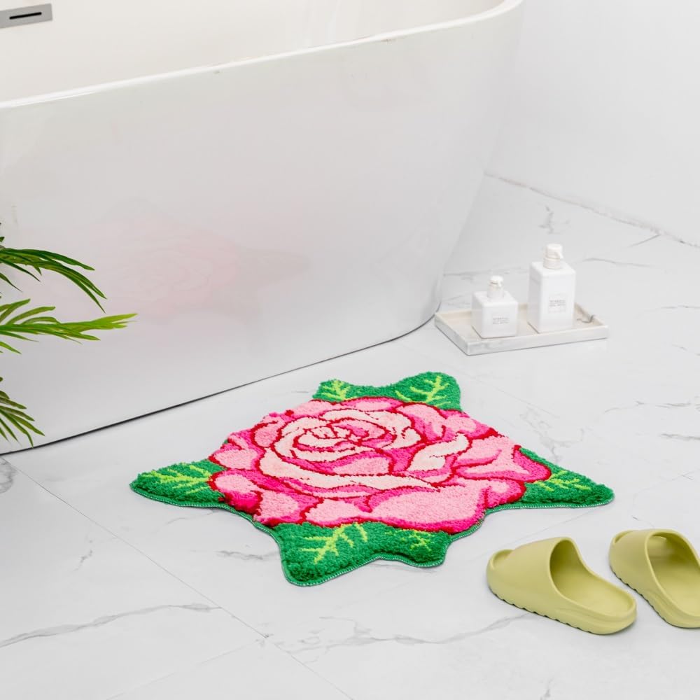 Pink Rose Flower Bath Mat Non-Slip 25.6x25.6in