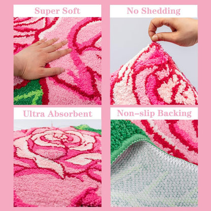 Pink Rose Flower Bath Mat Non-Slip 25.6x25.6in