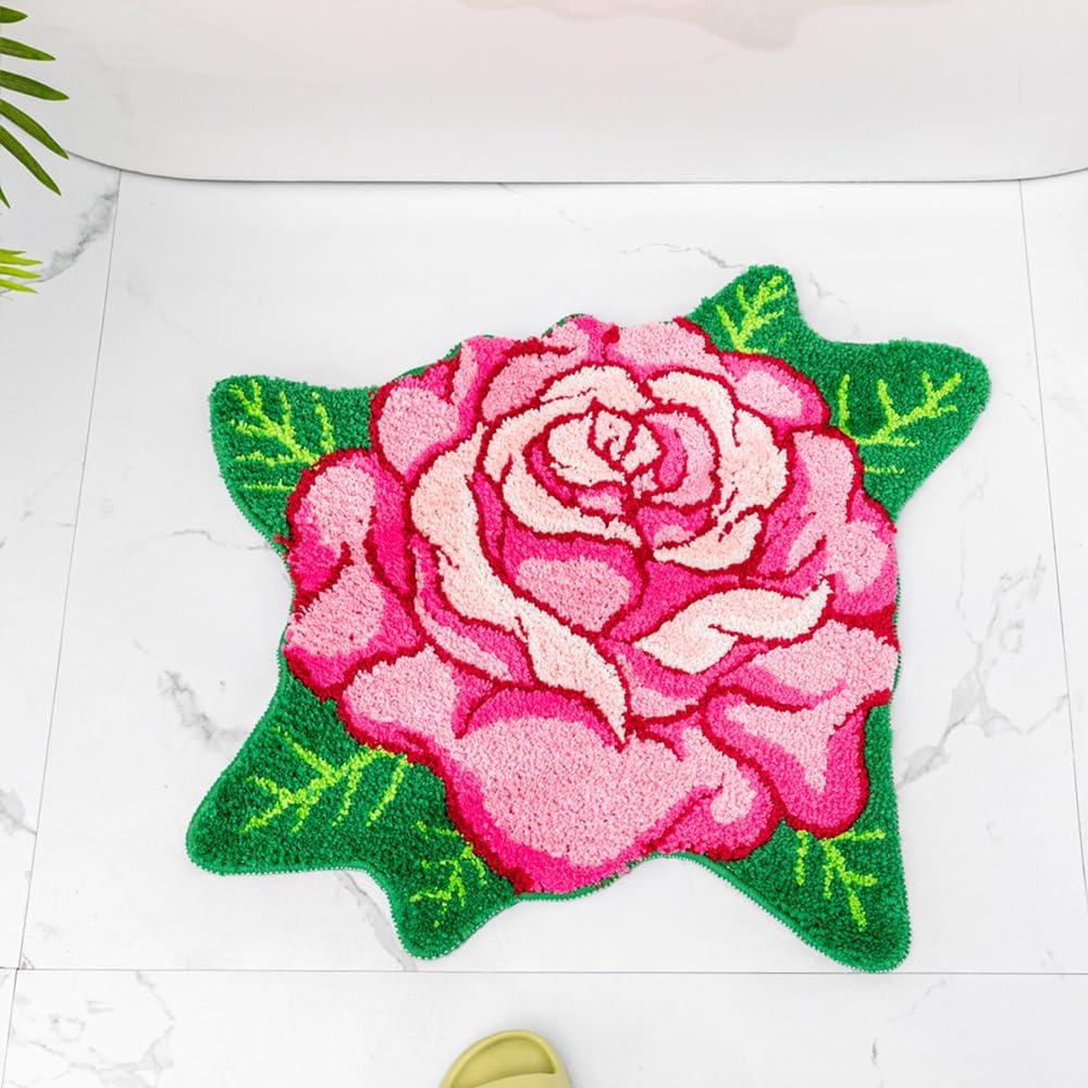 Pink Rose Flower Bath Mat Non-Slip 25.6x25.6in