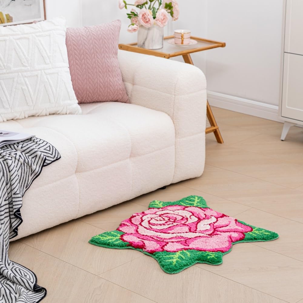 Pink Rose Flower Bath Mat Non-Slip 25.6x25.6in