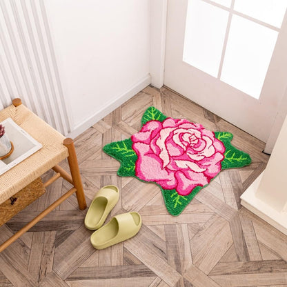 Pink Rose Flower Bath Mat Non-Slip 25.6x25.6in